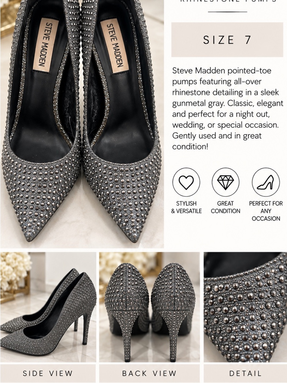 Steve Madden Gunmetal Rhinestone Pointed Toe Pumps